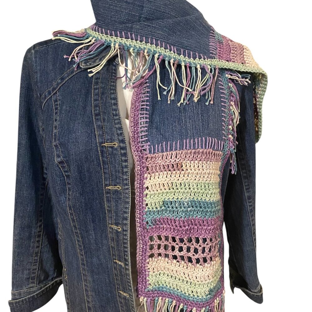 Upcycled Denim and Cotton Yarn Scarf, BOHO, Hippie, One of a Kind Scarf - Picture 5 of 6